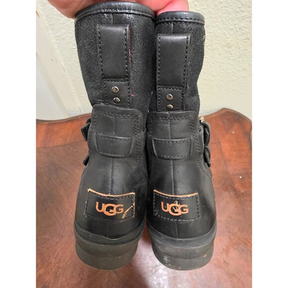 UGG Women's Black Leather & Suede Mid-Calf Boots Size 7 Side Zippers & Buckle Ac - Picture 4 of 13